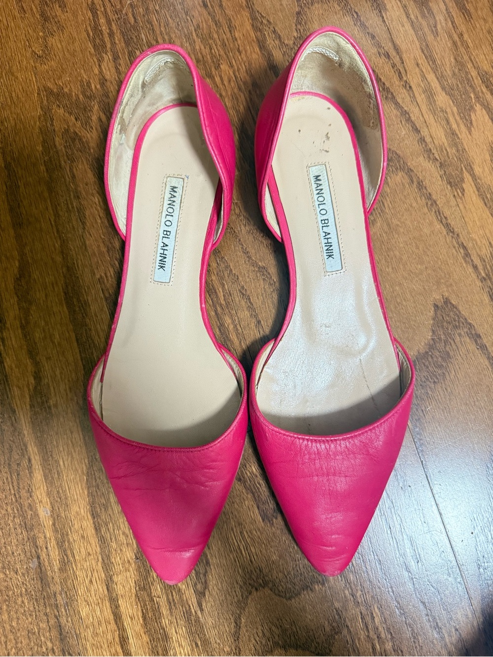 Manolo Blahnik Hot Pink Leather d'Orsay Pointed Toe Flats EU 40.5 US 9 9.5